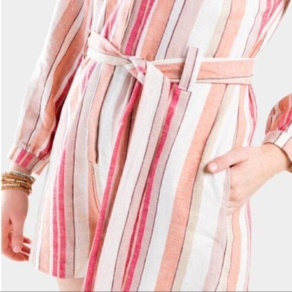 Francesca’s Coco & Jaimeson Brand Rosy Stripe Belted Linen Romper Cream Pink M - Picture 3 of 16